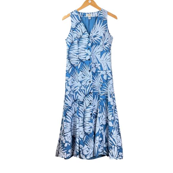 Talbots Vintage Blue Botanical Linen Cotton Sleeveless Fit & Flare Midi Dress - Picture 4 of 10